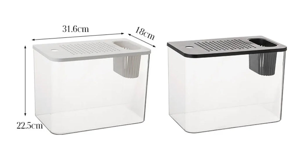 Medium plastic betta fish tank with cover in black or white colour measuring 32cm length