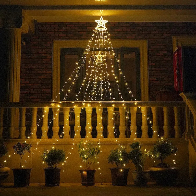 LED five-pointed star waterfall light for outdoor courtyard decoration, 1000mm length, warm white light, on a wooden fence