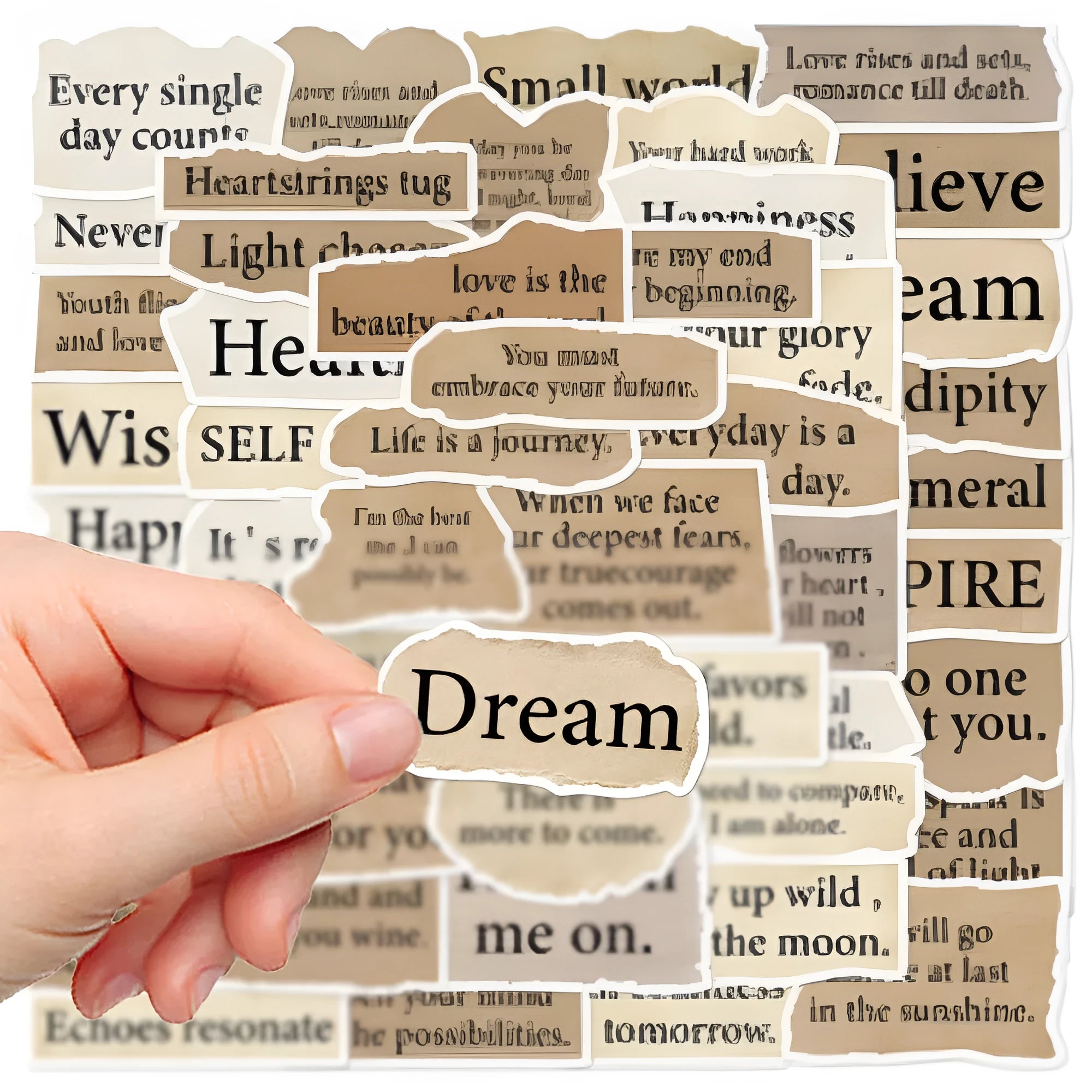 Torn English waterproof PVC laptop stickers measuring 4-7cm with repositionable adhesive