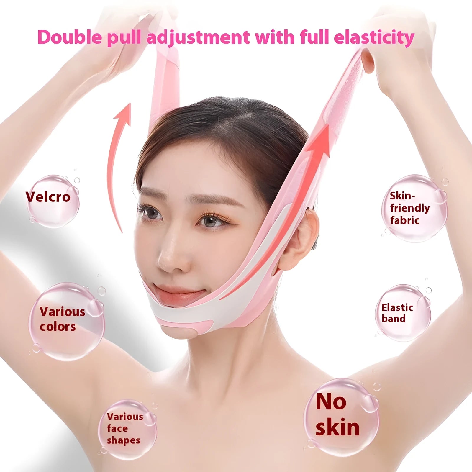 Far infrared elastic V face bandage facial care tool in pink and black colours with adjustable head strap