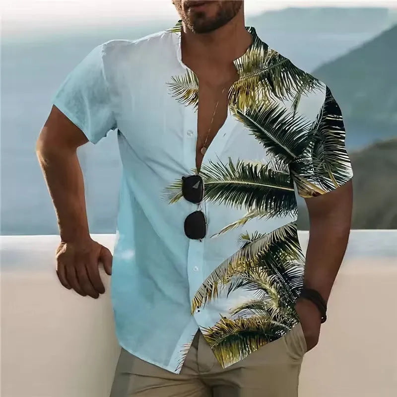 Men's loose floral beach shirt with short sleeves in polyester fabric
