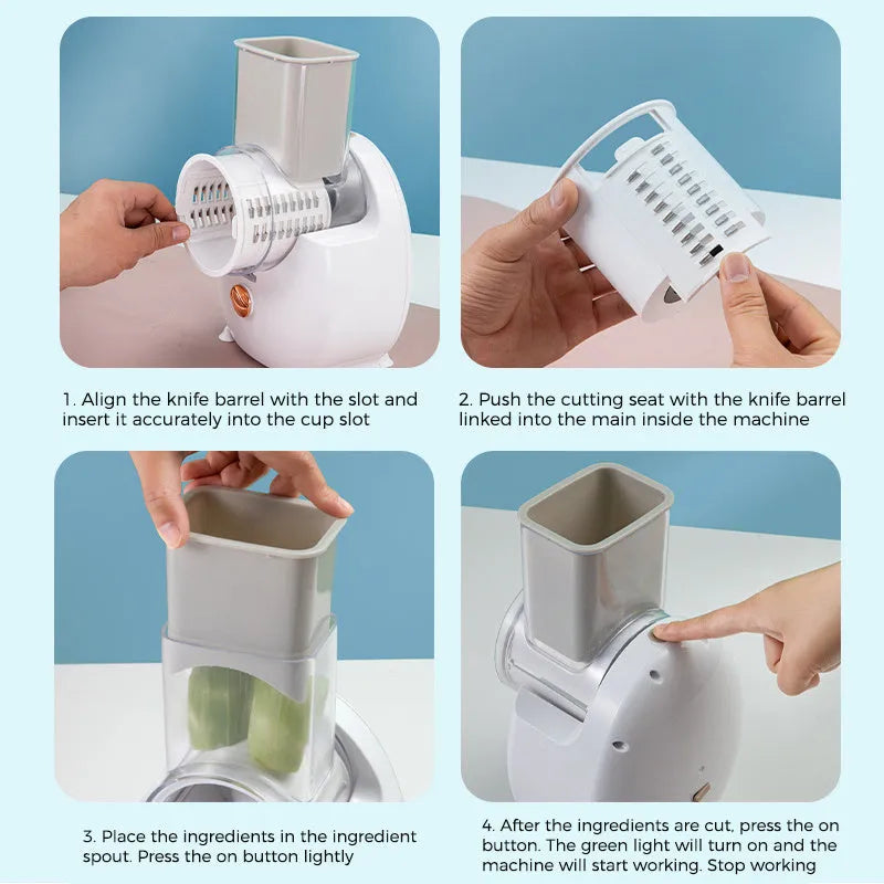 White electric vegetable slicer with rotary grater, three blades, and suction base on kitchen counter