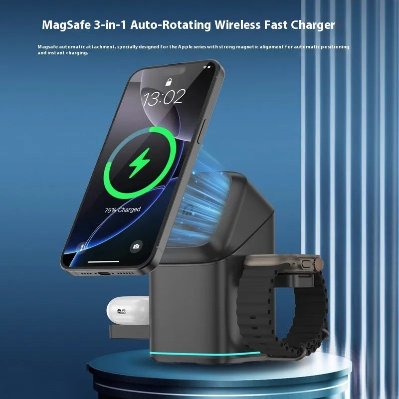 Black mobile phone magnetic wireless charging stand on a desk, showing its 180-degree rotation feature.