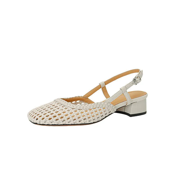 Women's beige woven sandals with a closed square toe, chunky block heel, and an adjustable buckle strap across the foot.