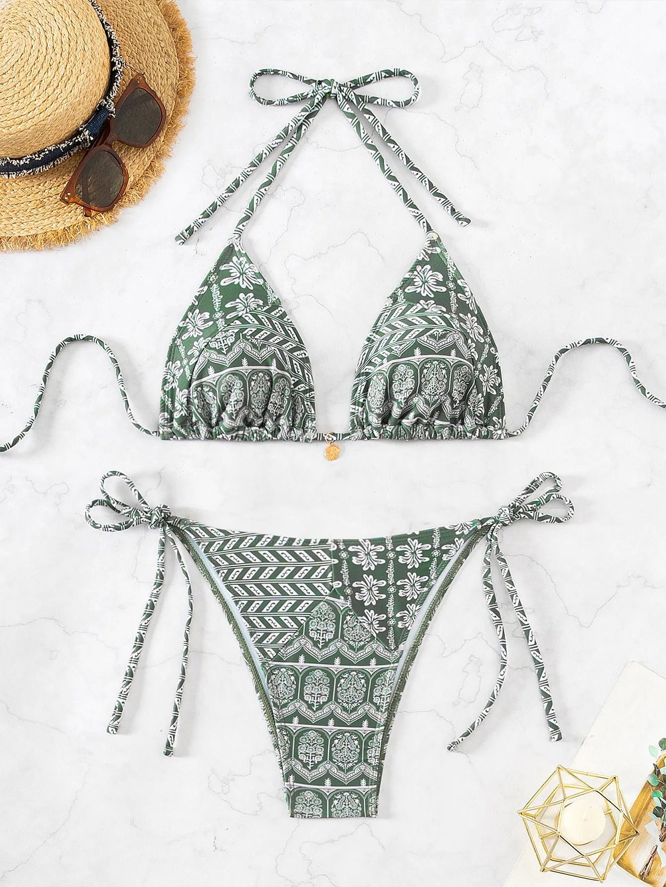 Women's split bikini swimsuit with stitching bandage design in polyester fabric