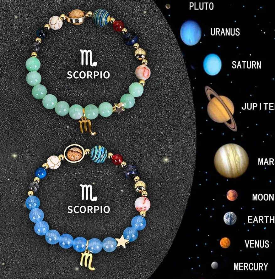 Natural stone beaded zodiac bracelets on elastic cord showing astrological symbols for twelve star signs
