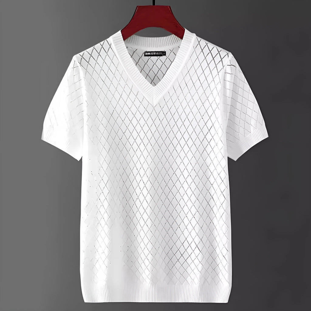 Men's black and white ice silk short sleeve t-shirt showing V-neck and round neck styles on hanger.