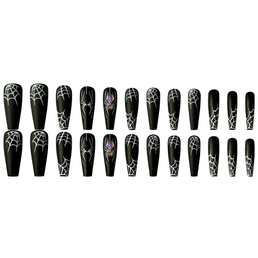 Dark Spider Halloween nail art set with 24 pieces and glue, cartoon spider design
