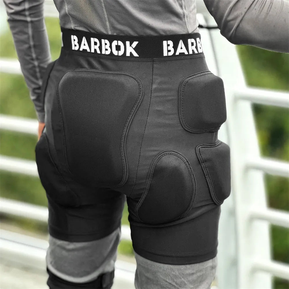 Black spandex hip protection pad with removable NBR foam inserts for skating and skiing safety.