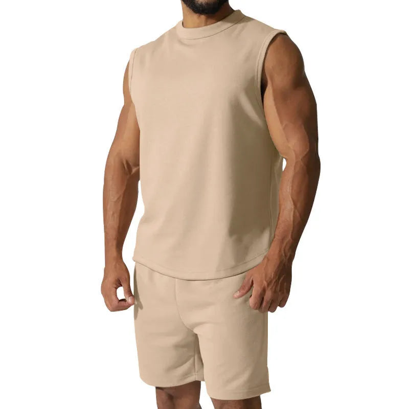 Men's sleeveless top and shorts cotton blend sports suit set in multiple solid colours