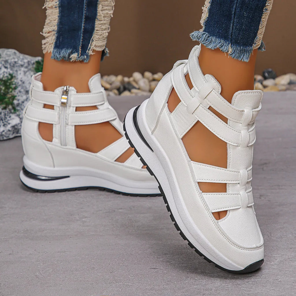 Women's black platform sandals with hollow-out design and Velcro fastening