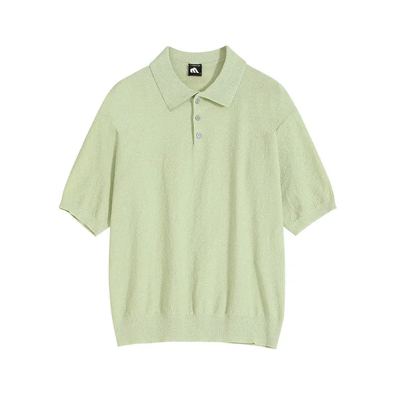 Men's retro knitted polo shirt in caramel colour with short sleeves and asymmetric design details