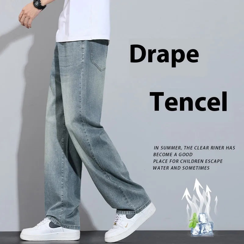 Straight-leg casual trousers in ice silk denim with wide-leg style and zip fly