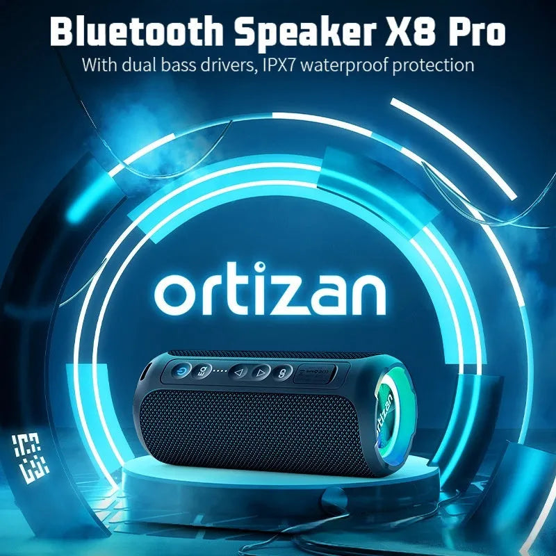Black and blue fabric Bluetooth speaker with RGB lighting and waterproof construction