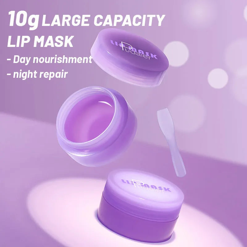 Lip balm exfoliating treatment box containing 10ml formulation with lip film and scraper applicator