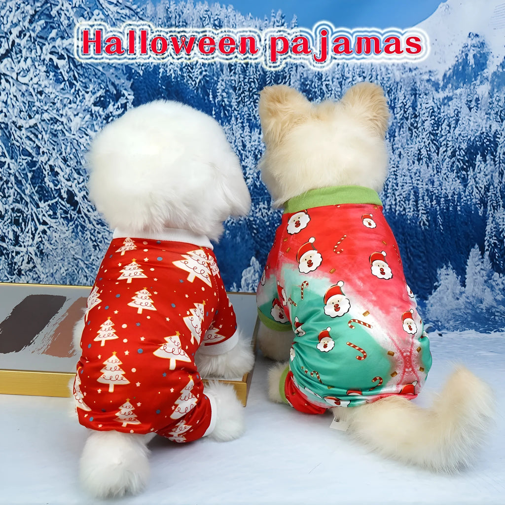 Polyester dog Christmas clothes in red green with Santa Claus and tree designs