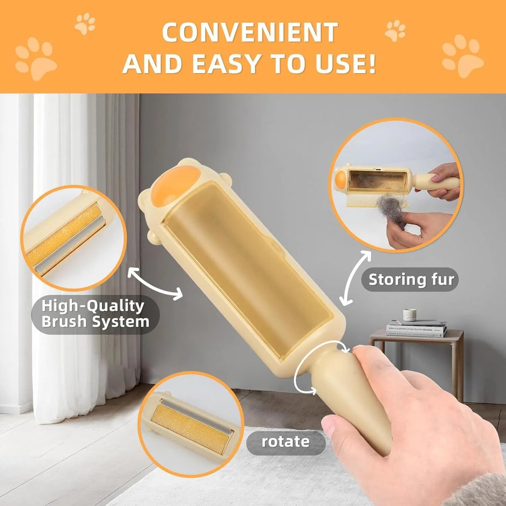 Reusable pet hair remover roller with self-cleaning base in blue, pink, or yellow colours.