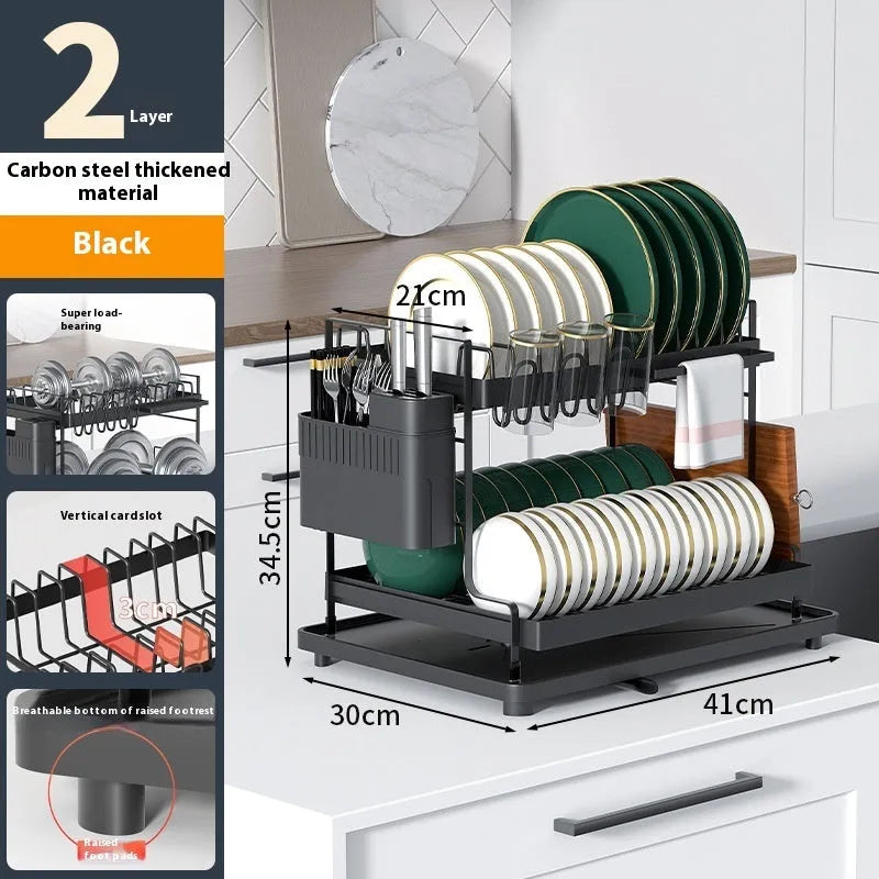 White double-layer kitchen draining rack with carbon steel construction for dish drying
