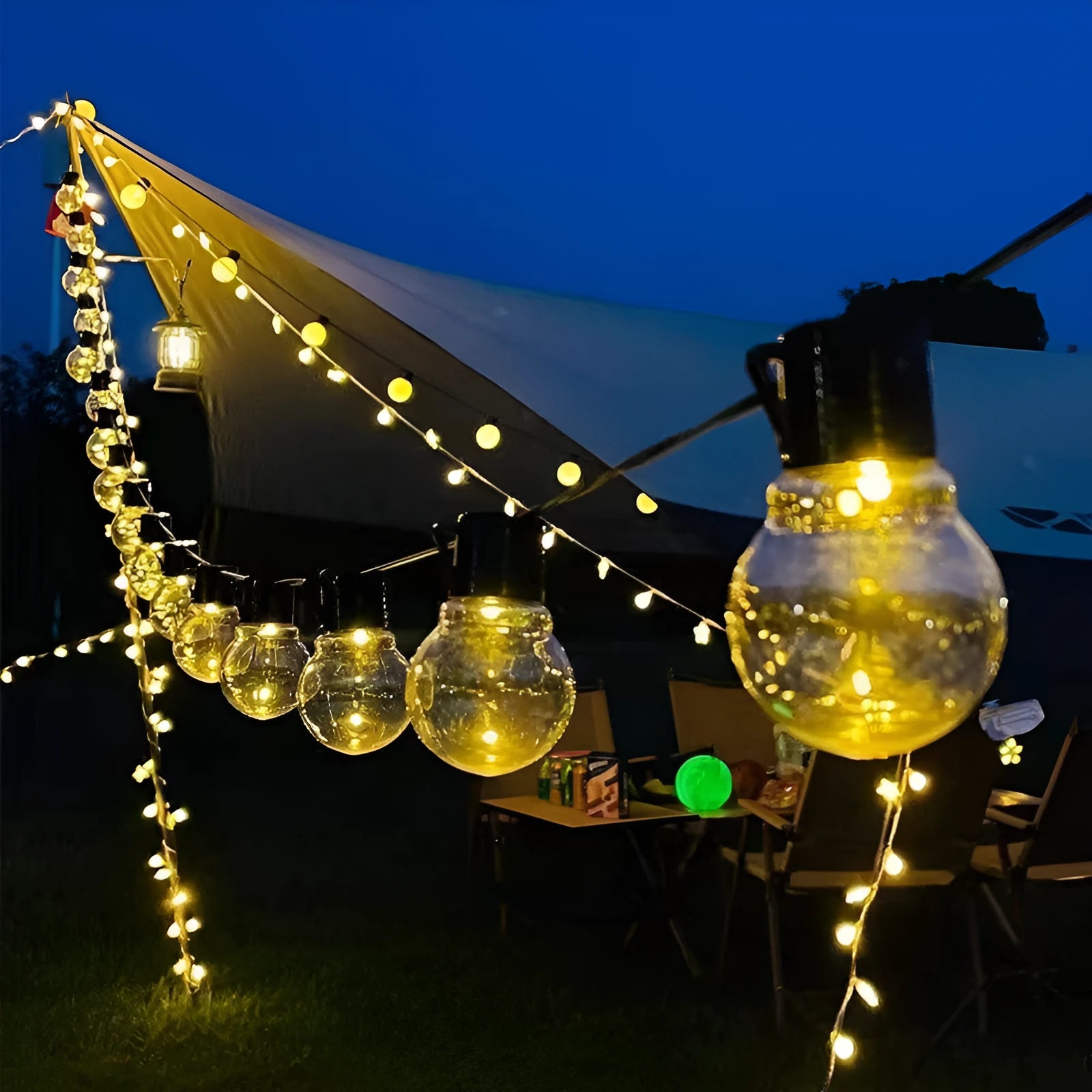 10-metre solar-powered decorative light string with 40 LED bulbs for outdoor tent and festival use