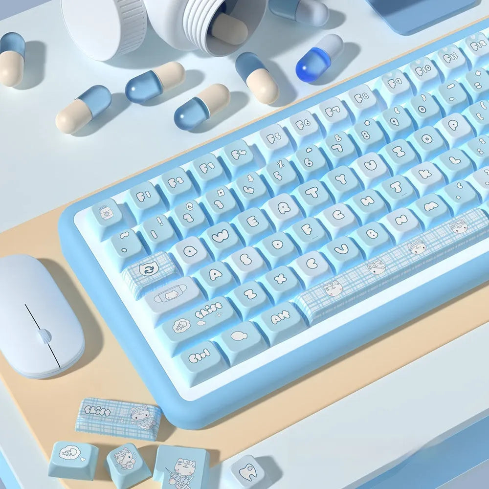 Watercolour kitten design custom PBT keycap set for mechanical keyboards, showing 138-key and 158-key options.
