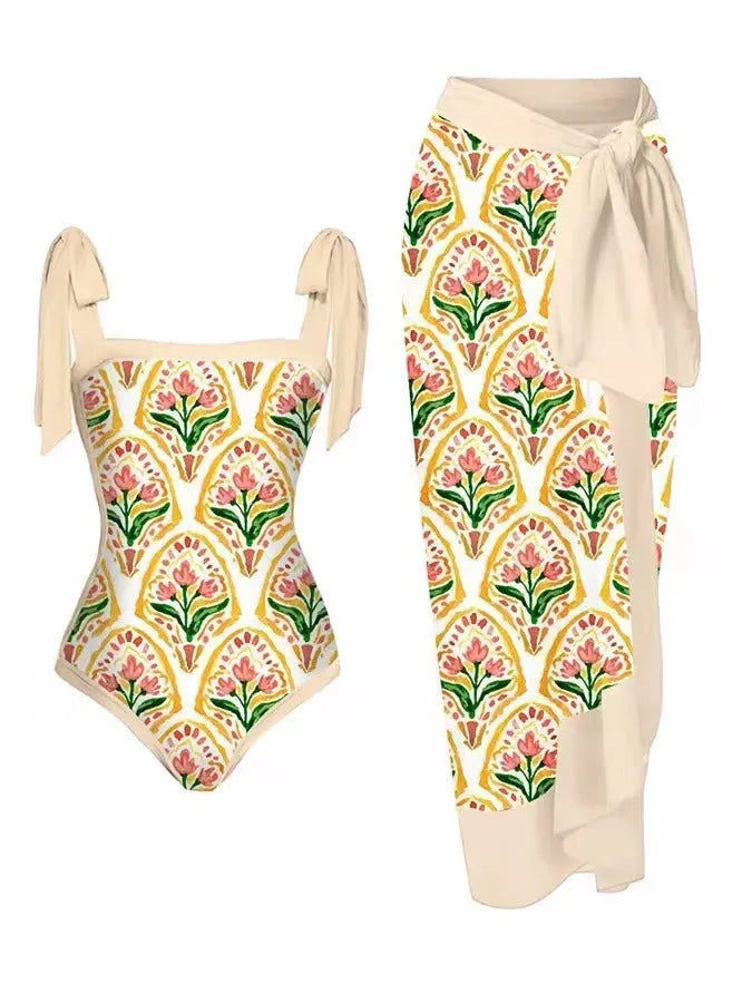 Women's printed chiffon two-piece swimsuit set with matching hip skirt