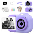 Children's multi-function camera toy in pink, blue, or purple plastic colours with video recording and gaming capabilities.
