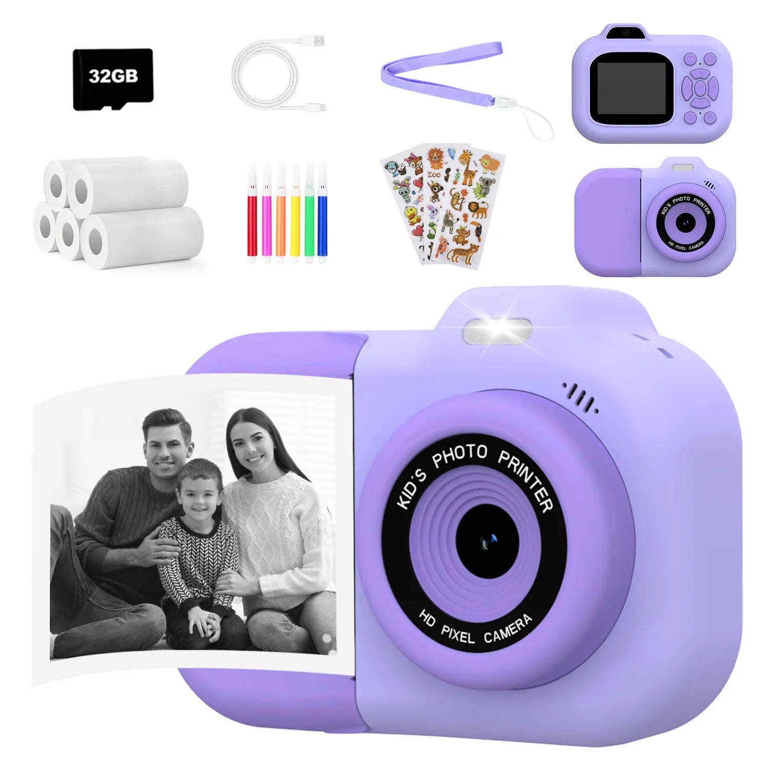 Children's multi-function camera toy in pink, blue, or purple plastic colours with video recording and gaming capabilities.