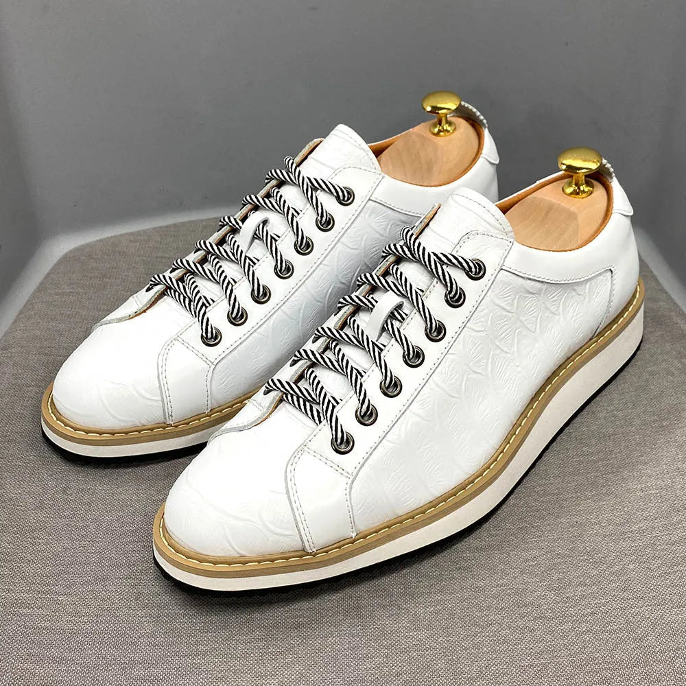 Men's handmade embossed pattern low-top casual shoes in green with front tie laces.