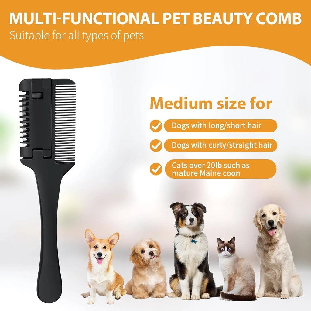 Pet razor comb with trimming blades and detangling teeth for dog cat grooming