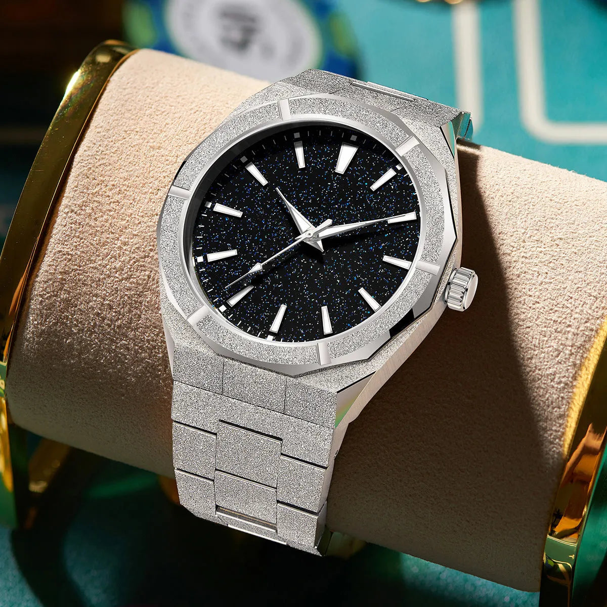 Men's business watch with frosted stainless steel case and luminous hands on wrist