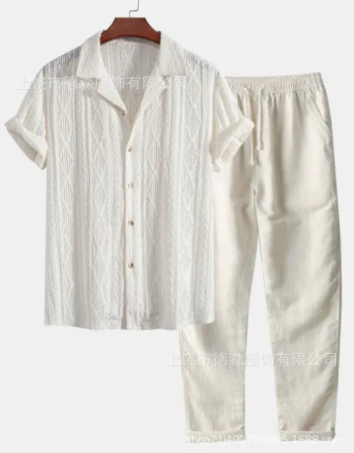 Men's loose short sleeve shirt and trousers suit in milk silk fabric for summer leisure wear
