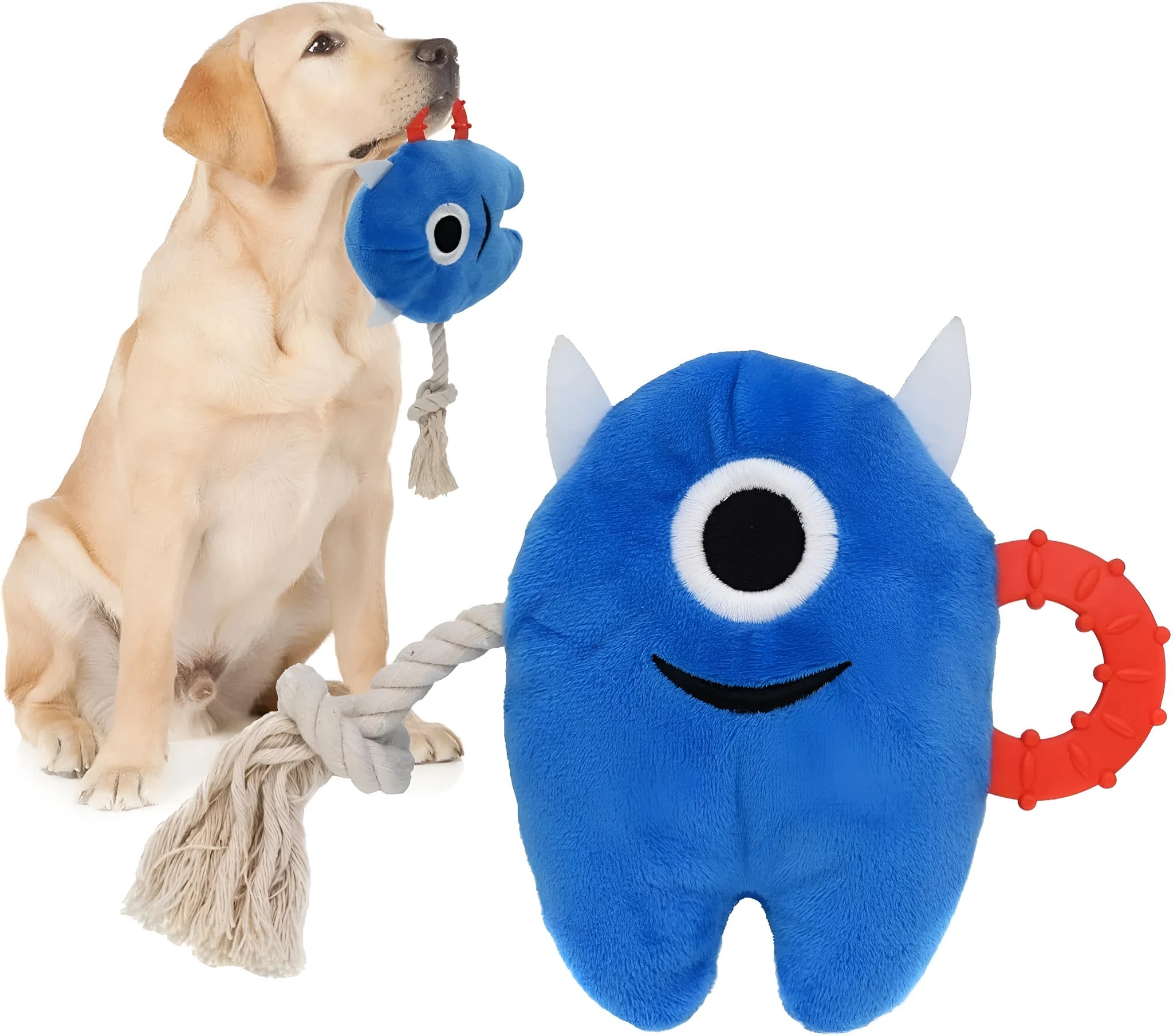 Large blue and green plush dog toy with cotton rope ends and a squeaker inside.