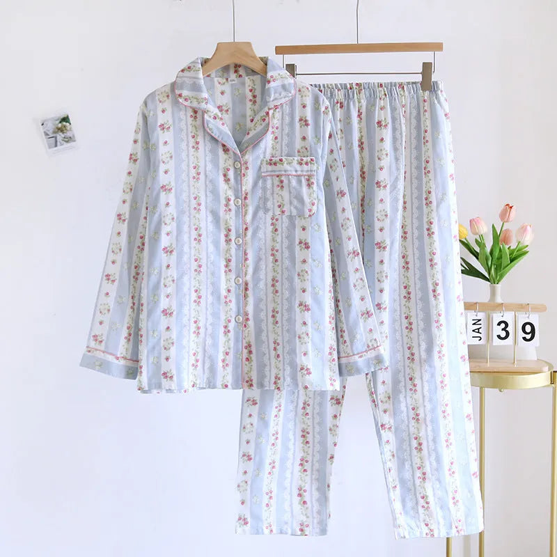 Japanese women's cotton gauze homewear set with long sleeves and trousers in striped or red fruit print