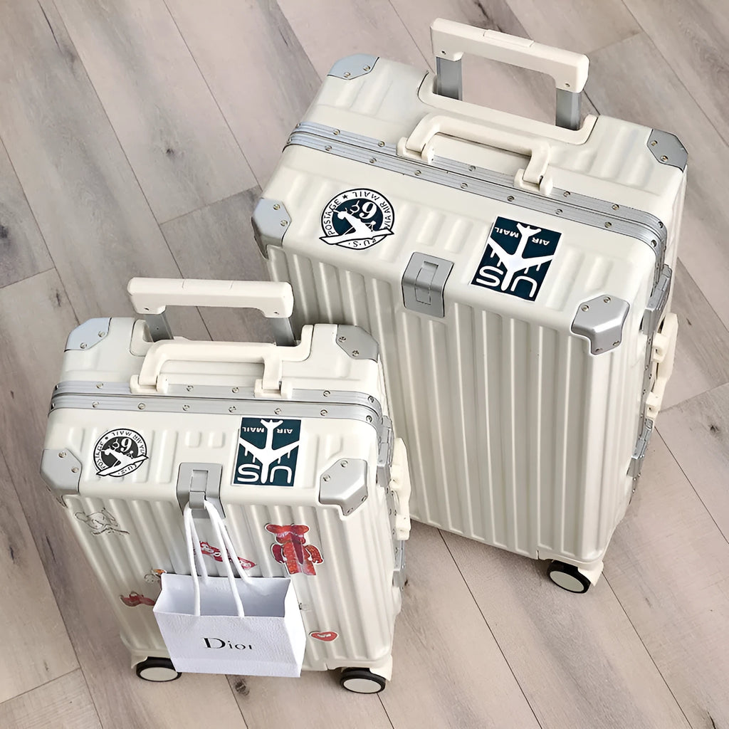 Aluminium frame ABS PC suitcase in avocado green colour with USB port and universal wheels.
