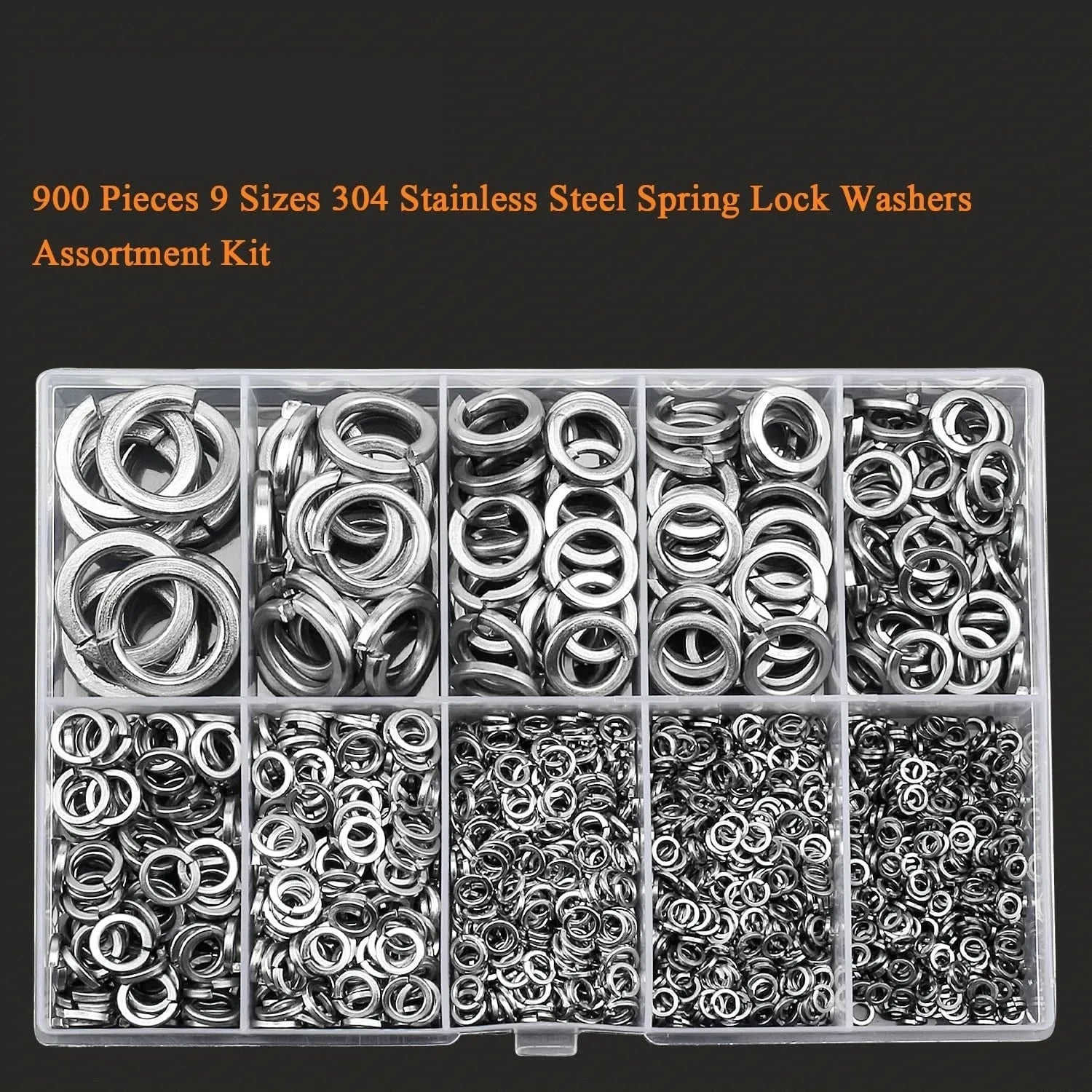 Open box showing an assortment of 304 stainless steel spring lock washers in various sizes.