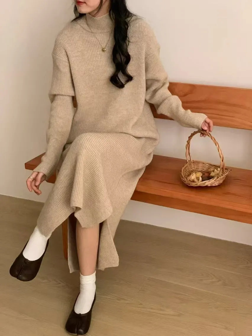 Beige acrylic knit dress with half-turtleneck collar and high waist.