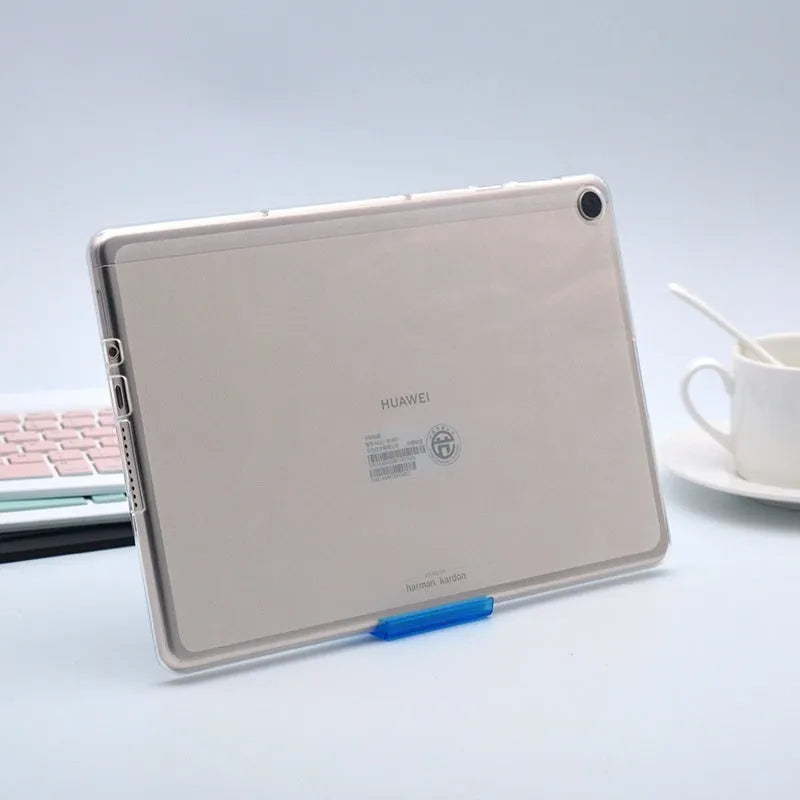 Ultra-thin transparent white silicone tablet case showing minimal protective coverage
