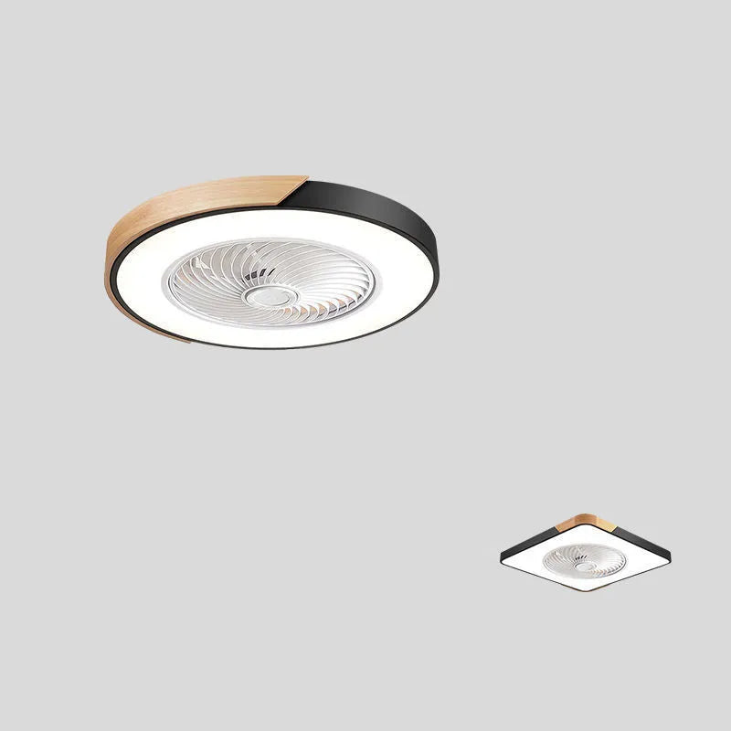 Nordic ceiling fan light with solid wood frame shown in rectangular, round, and square shape options.