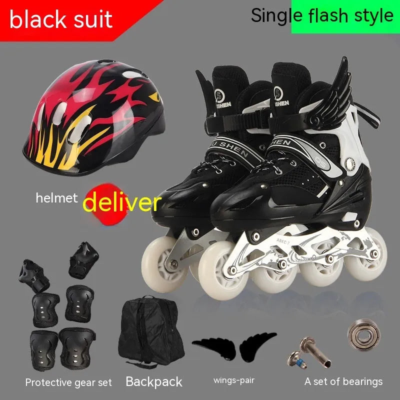 Adjustable children's roller skates in various colours with PU wheels, aluminium frame, and included protective gear set.