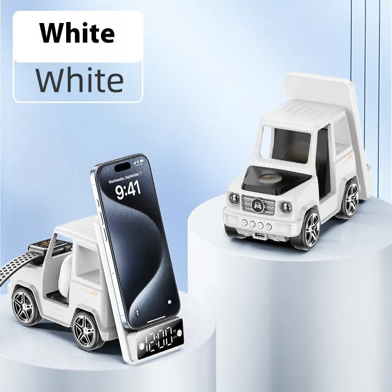 Six-in-one wireless charger stand in gray PC ABS with phone watch and headset on desktop