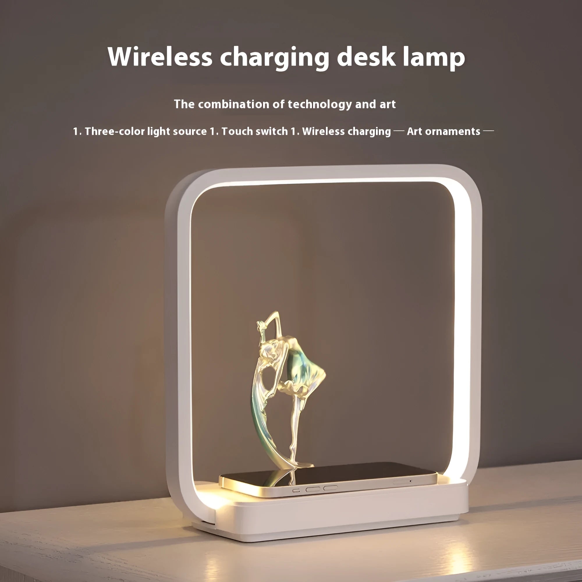 Atmosphere table lamp with wireless phone charger in blue light setting on a bedside table, 25cm tall