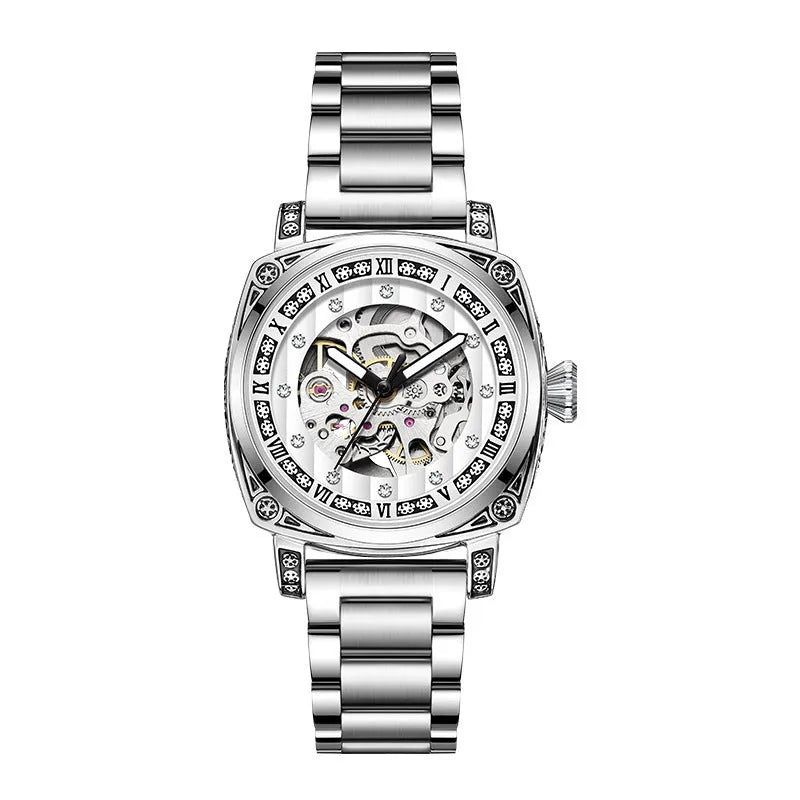 Men's mechanical wristwatch with luminous markers on leather strap