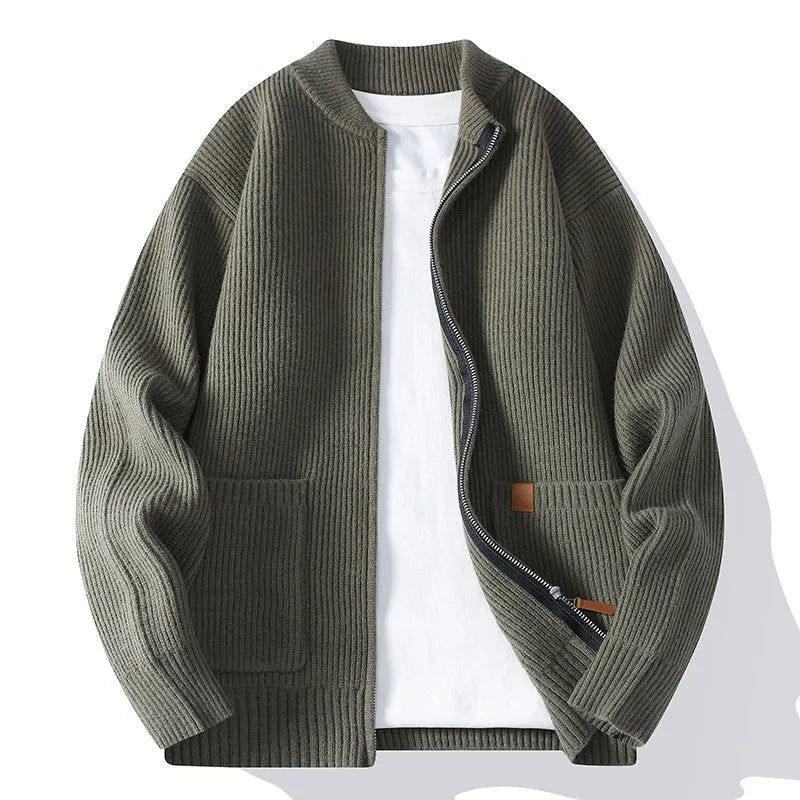 Men's striped sweater cardigan jacket in chemical fibre blend with zip-up front