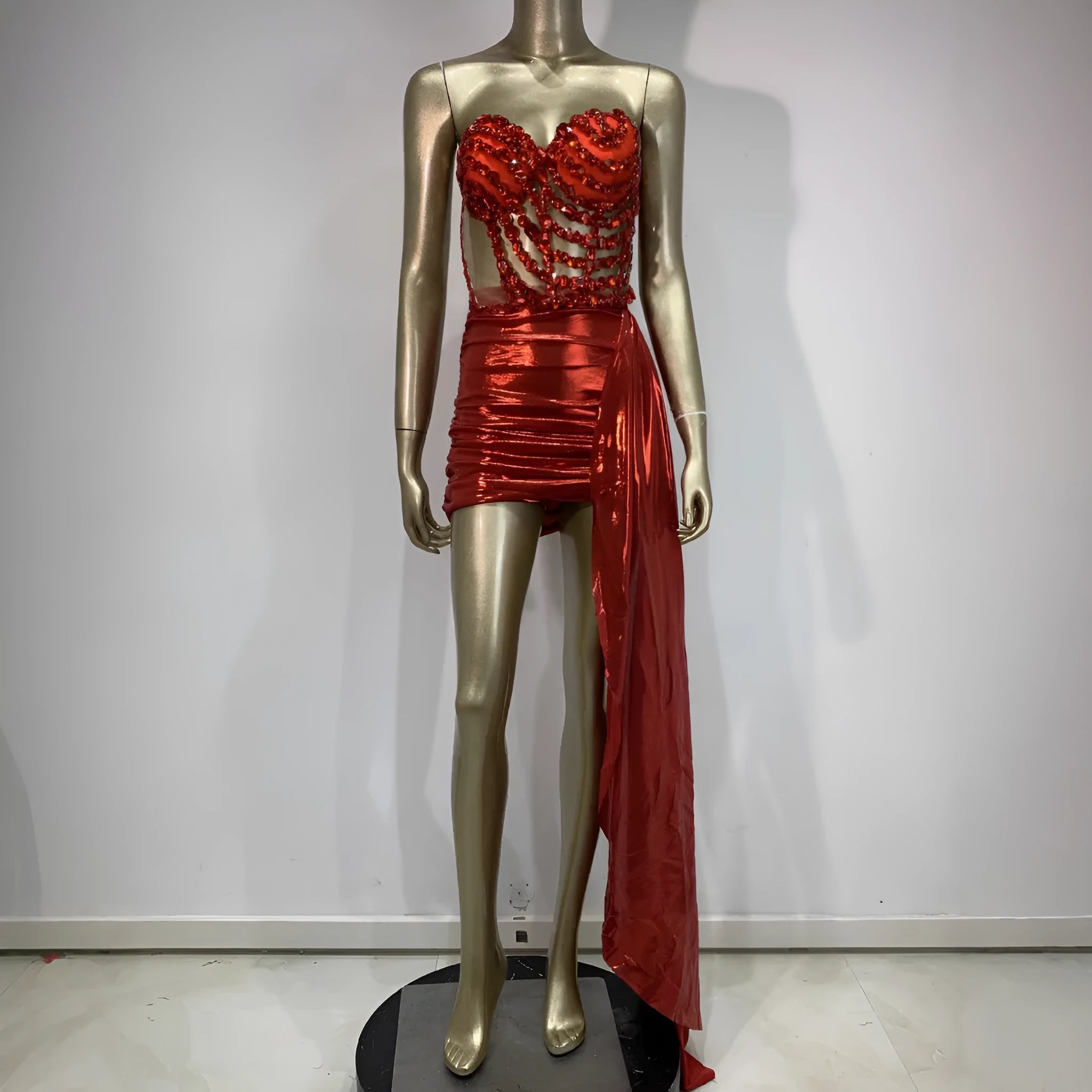 Red see-through mesh women's stage skirt suit costume for parties and performances