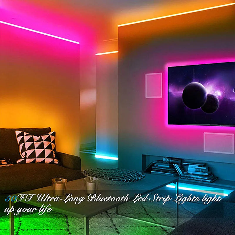 LED 5050 RGB light strip with Bluetooth remote control and power adapter on white background