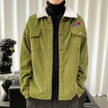 Corduroy workwear jacket in khaki colour with size stick pockets and regular sleeves
