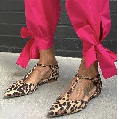 Women's leopard print pointed toe pumps with chunky heel and cross straps
