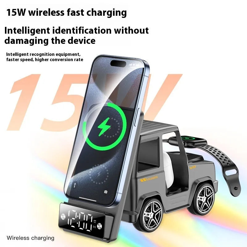 Six-in-one wireless charger stand in gray PC ABS with phone watch and headset on desktop