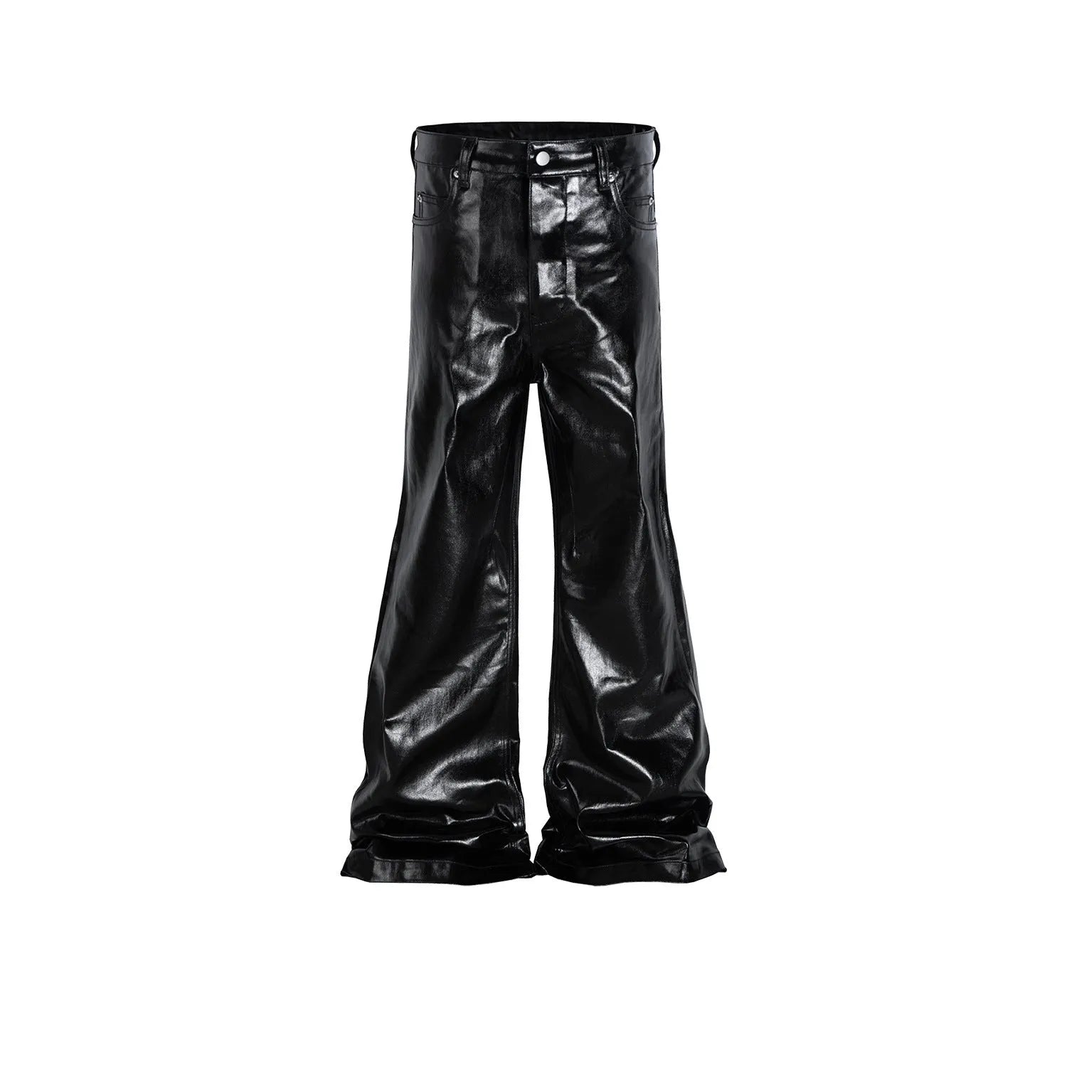 Black skinny jeans with a shiny patent leather coating and straight-leg cut on a denim background.