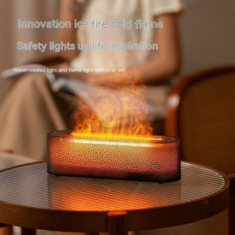Square black lava flame aroma diffuser humidifier with USB cable on desktop